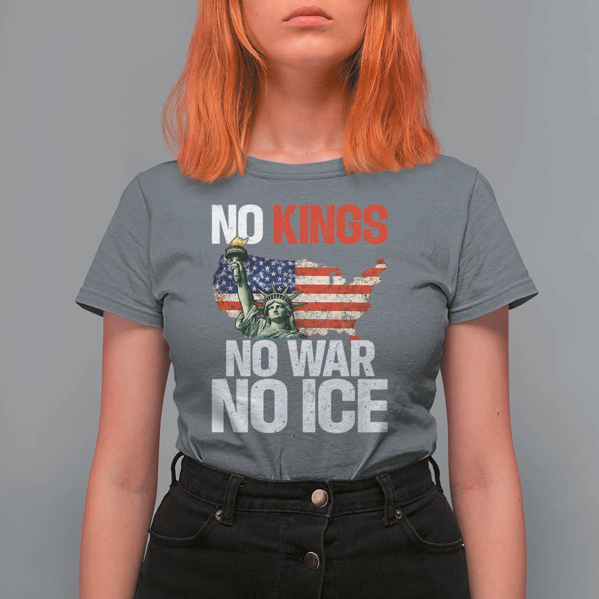 No Kings No Wars No Ice Statue of Liberty T Shirt For Women American Flag Patriotic Protest Freedom Democracy