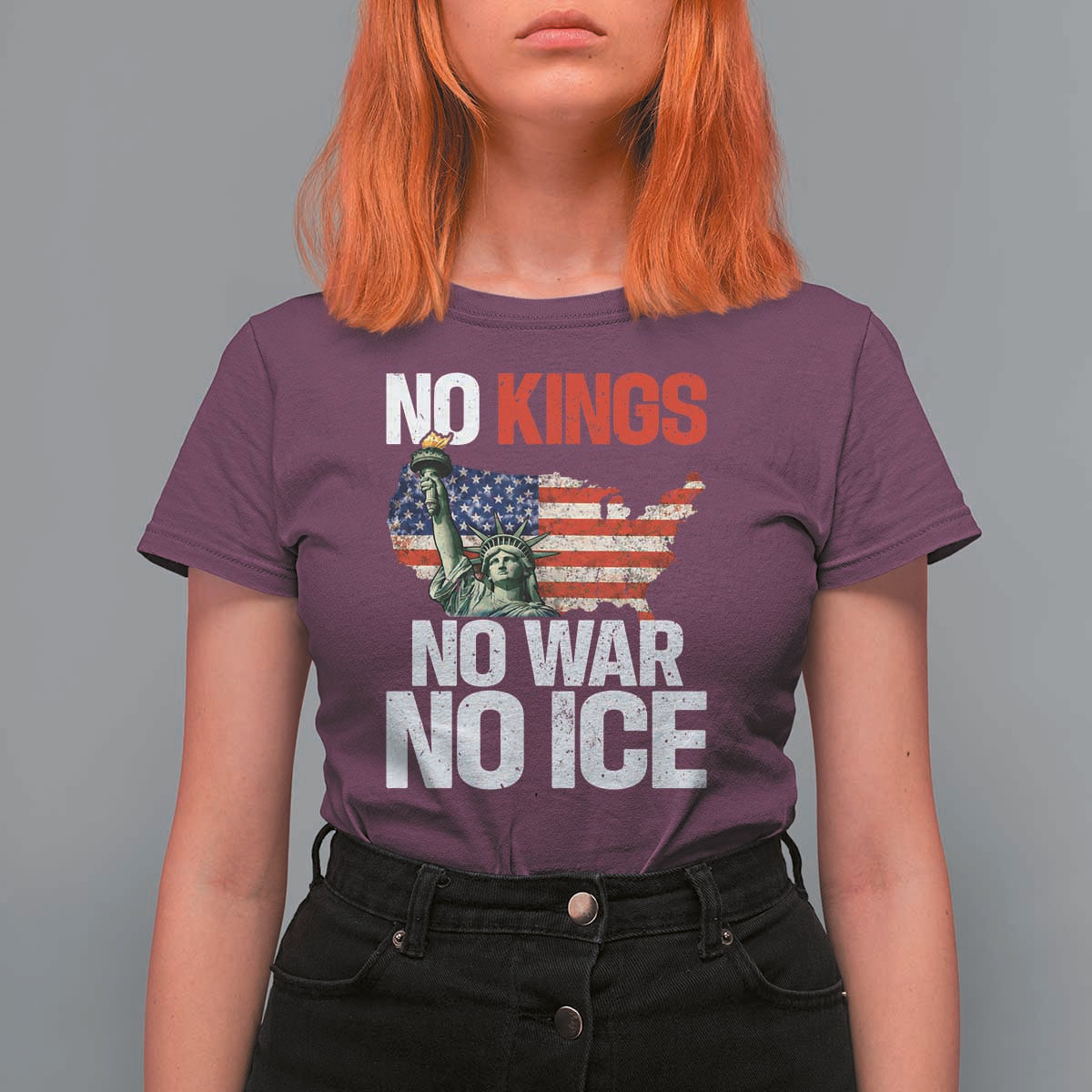 No Kings No Wars No Ice Statue of Liberty T Shirt For Women American Flag Patriotic Protest Freedom Democracy