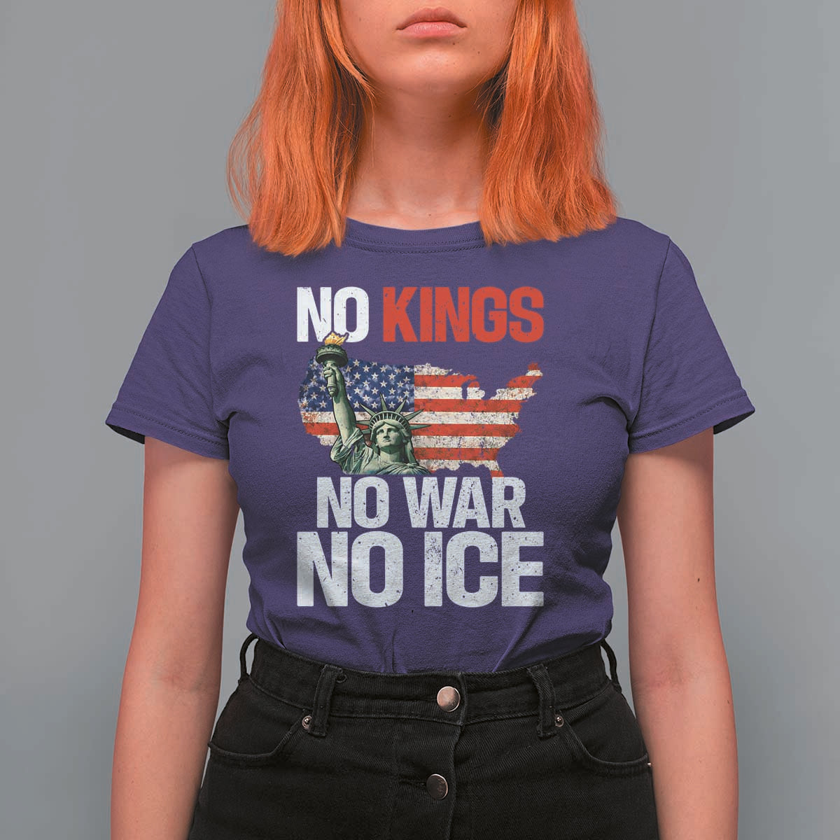 No Kings No Wars No Ice Statue of Liberty T Shirt For Women American Flag Patriotic Protest Freedom Democracy