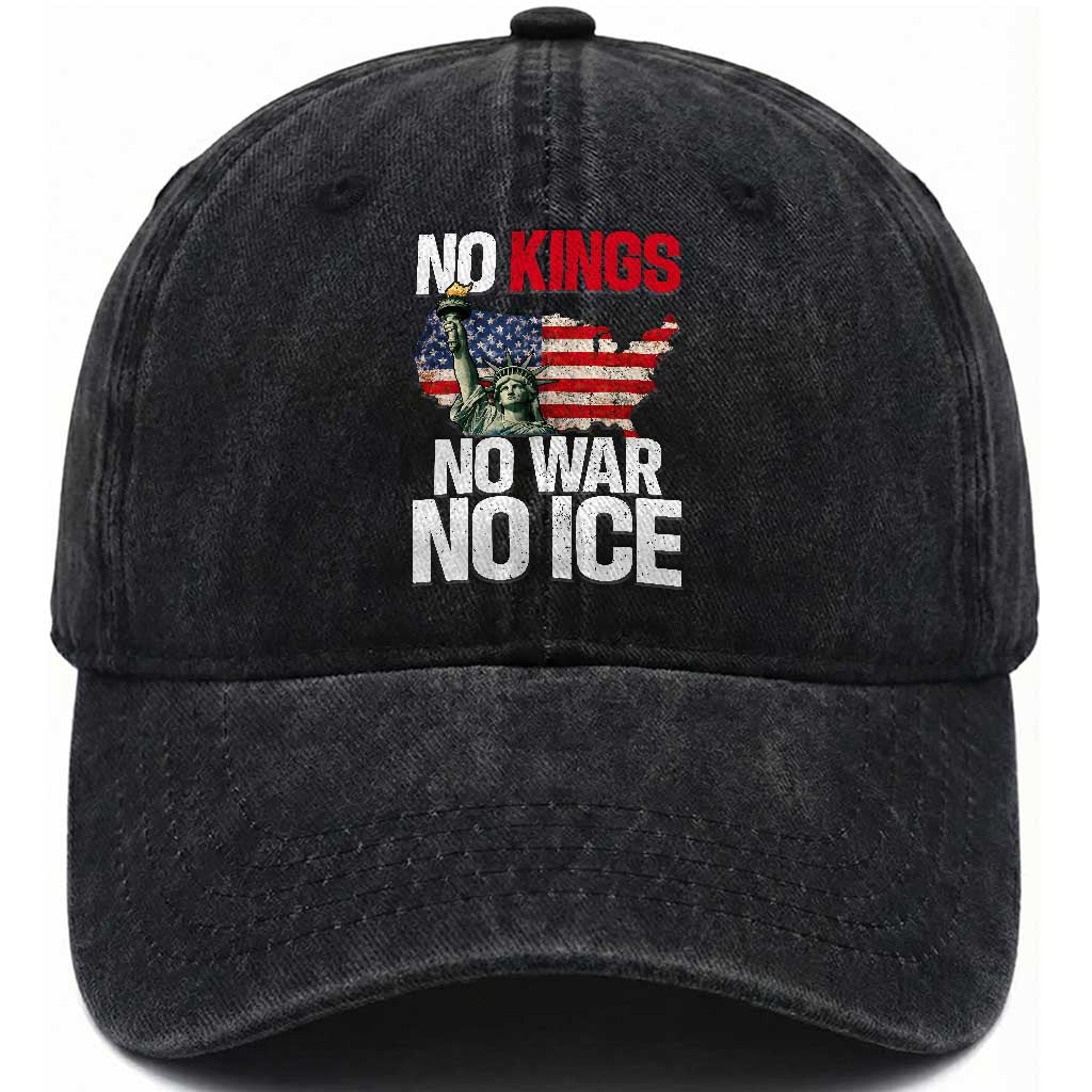 No Kings No Wars No Ice Statue of Liberty Washed Cotton Baseball Cap American Flag Patriotic Protest Freedom Democracy