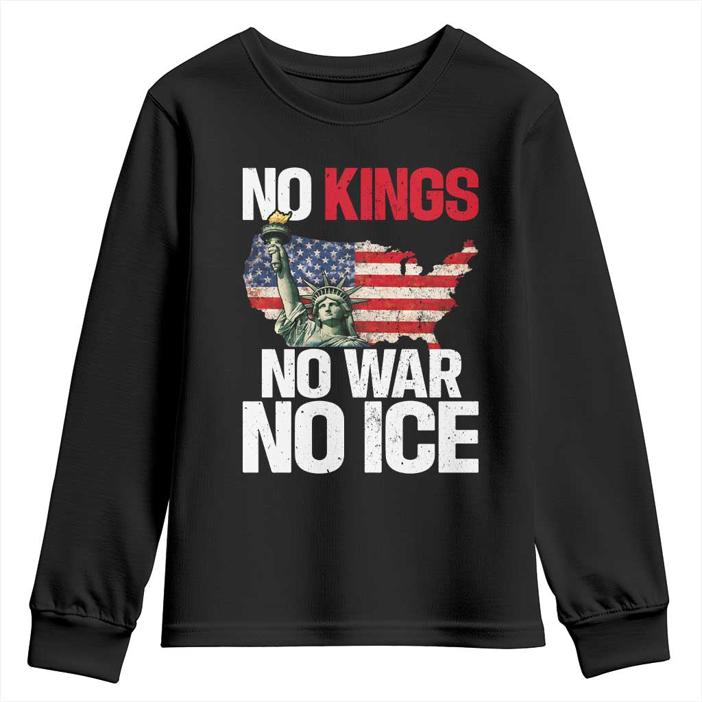 No Kings No Wars No Ice Statue of Liberty Youth Sweatshirt American Flag Patriotic Protest Freedom Democracy