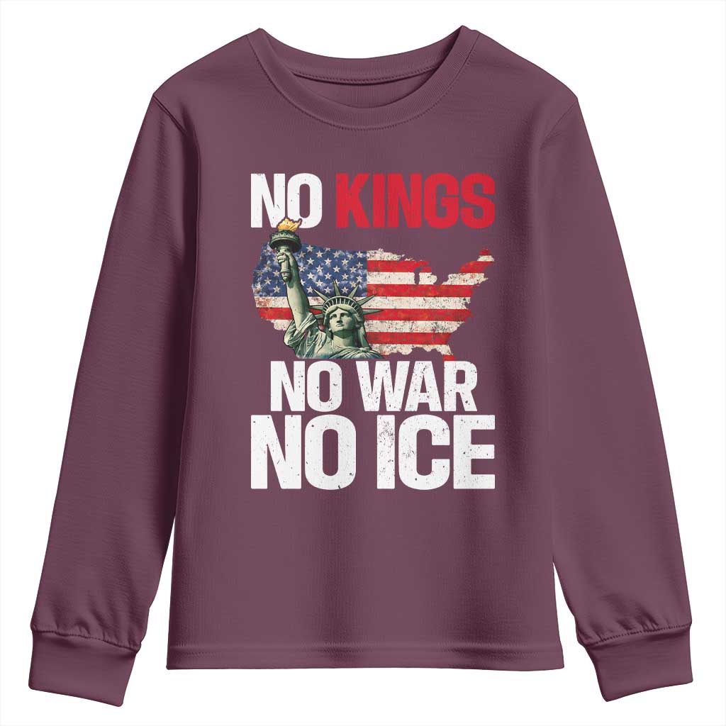 No Kings No Wars No Ice Statue of Liberty Youth Sweatshirt American Flag Patriotic Protest Freedom Democracy