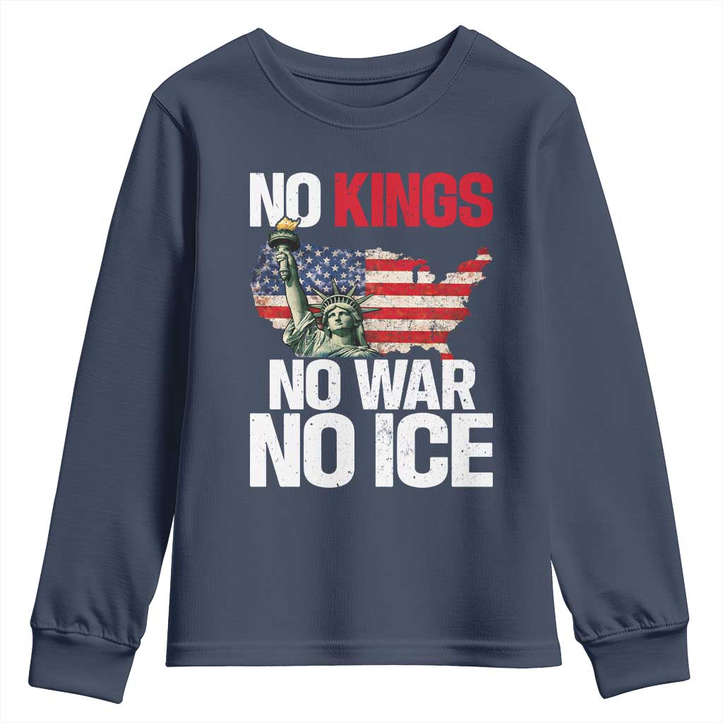 No Kings No Wars No Ice Statue of Liberty Youth Sweatshirt American Flag Patriotic Protest Freedom Democracy