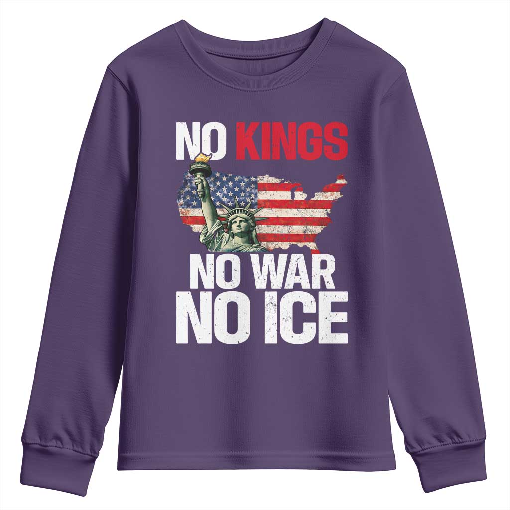 No Kings No Wars No Ice Statue of Liberty Youth Sweatshirt American Flag Patriotic Protest Freedom Democracy