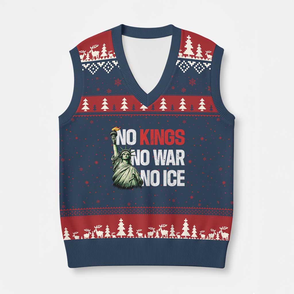 No Kings No Wars No Ice Statue of Liberty V-Neck Knit Sweater Vest American Flag Patriotic Protest Human Rights