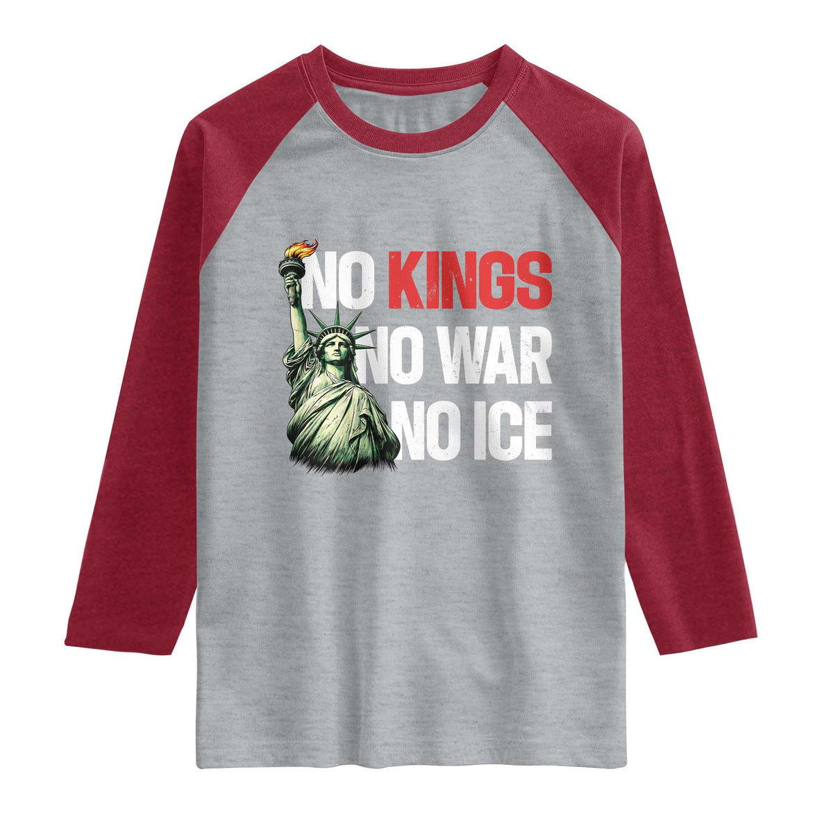 No Kings No Wars No Ice Statue of Liberty Raglan Shirt American Flag Patriotic Protest Human Rights
