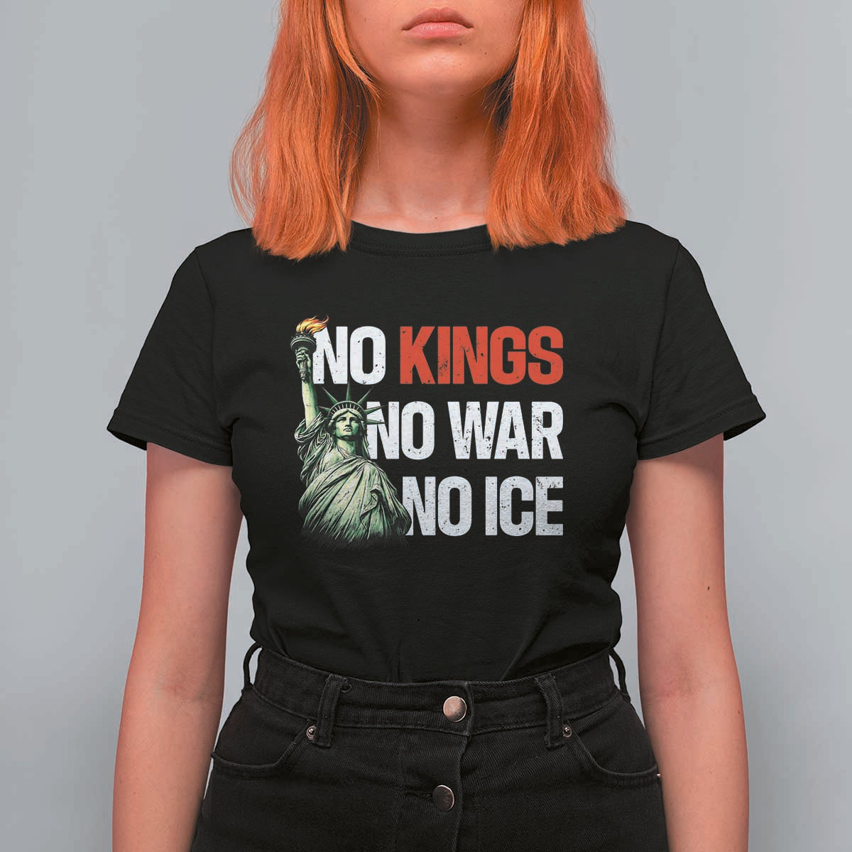 No Kings No Wars No Ice Statue of Liberty T Shirt For Women American Flag Patriotic Protest Human Rights
