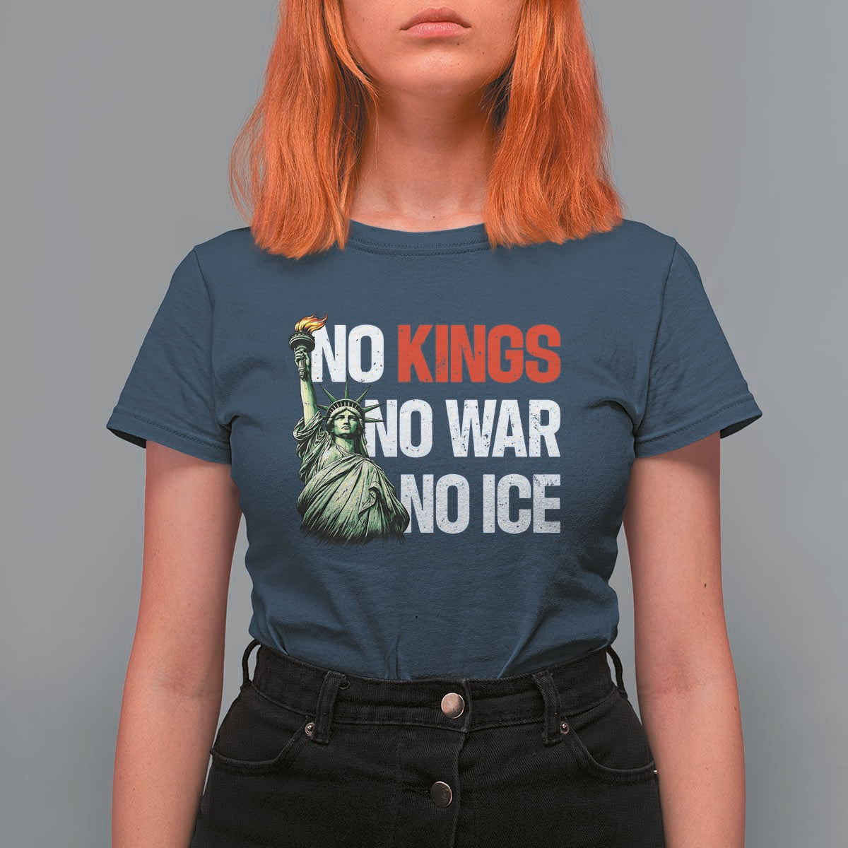 No Kings No Wars No Ice Statue of Liberty T Shirt For Women American Flag Patriotic Protest Human Rights