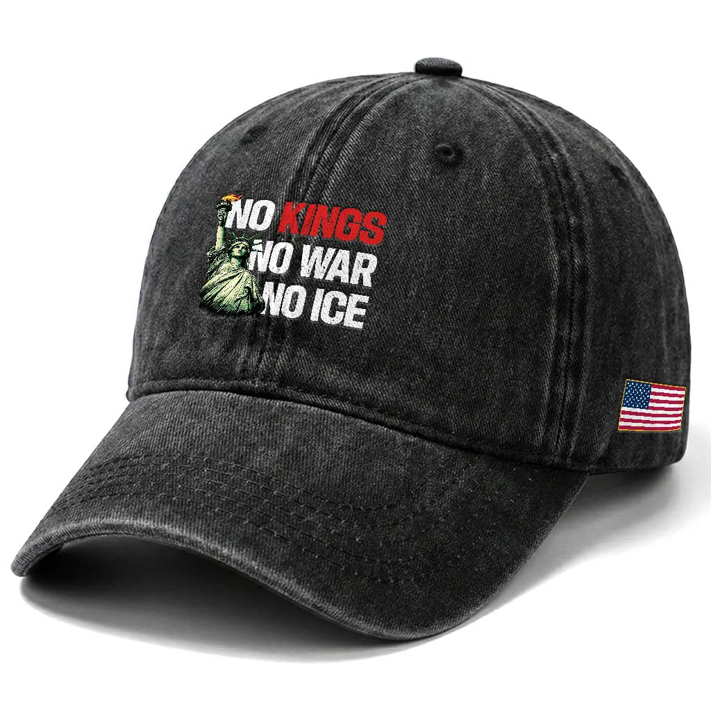 No Kings No Wars No Ice Statue of Liberty Washed Cotton Baseball Cap American Flag Patriotic Protest Human Rights