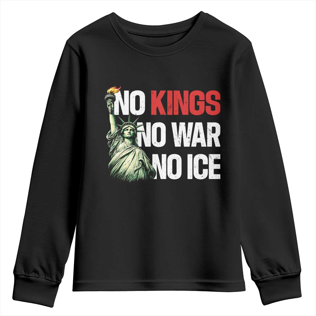 No Kings No Wars No Ice Statue of Liberty Youth Sweatshirt American Flag Patriotic Protest Human Rights
