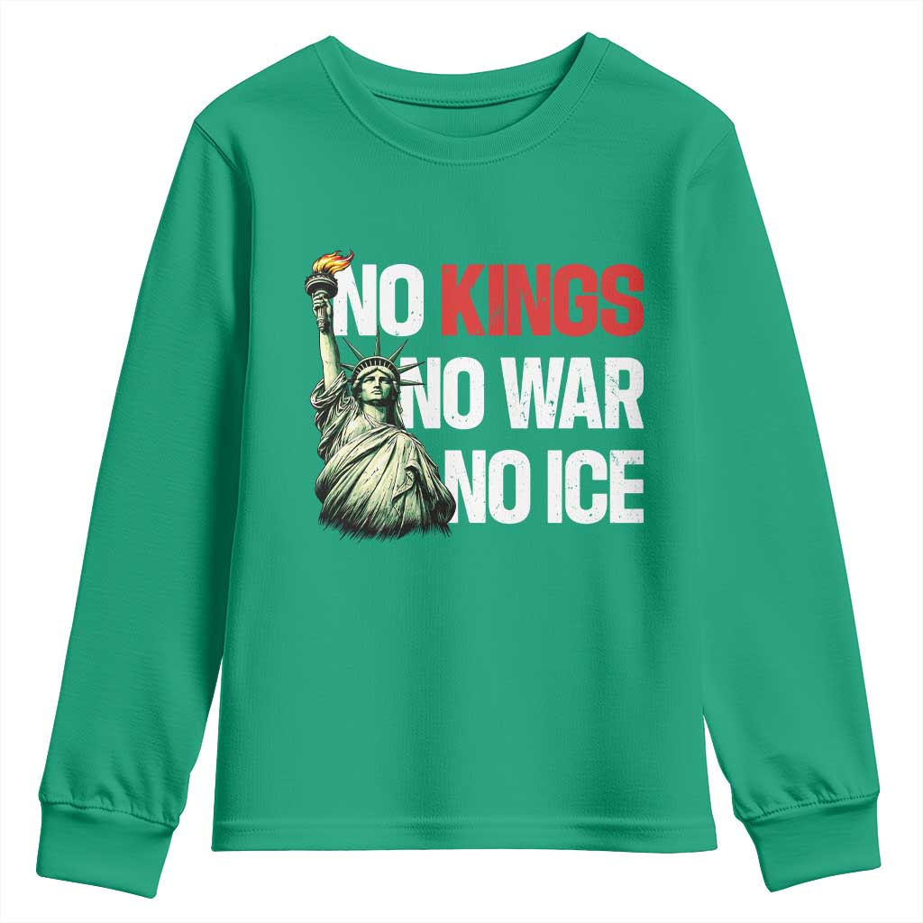 No Kings No Wars No Ice Statue of Liberty Youth Sweatshirt American Flag Patriotic Protest Human Rights