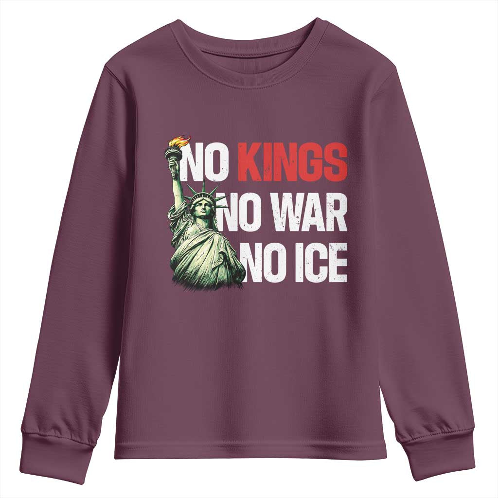 No Kings No Wars No Ice Statue of Liberty Youth Sweatshirt American Flag Patriotic Protest Human Rights