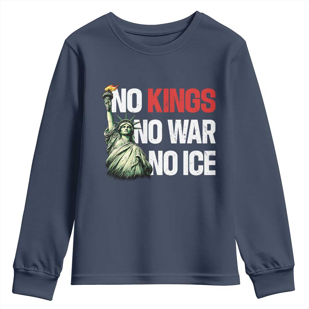 No Kings No Wars No Ice Statue of Liberty Youth Sweatshirt American Flag Patriotic Protest Human Rights