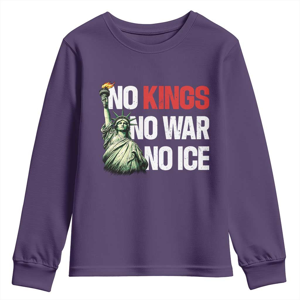 No Kings No Wars No Ice Statue of Liberty Youth Sweatshirt American Flag Patriotic Protest Human Rights