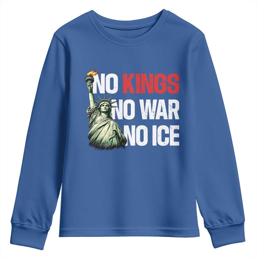 No Kings No Wars No Ice Statue of Liberty Youth Sweatshirt American Flag Patriotic Protest Human Rights
