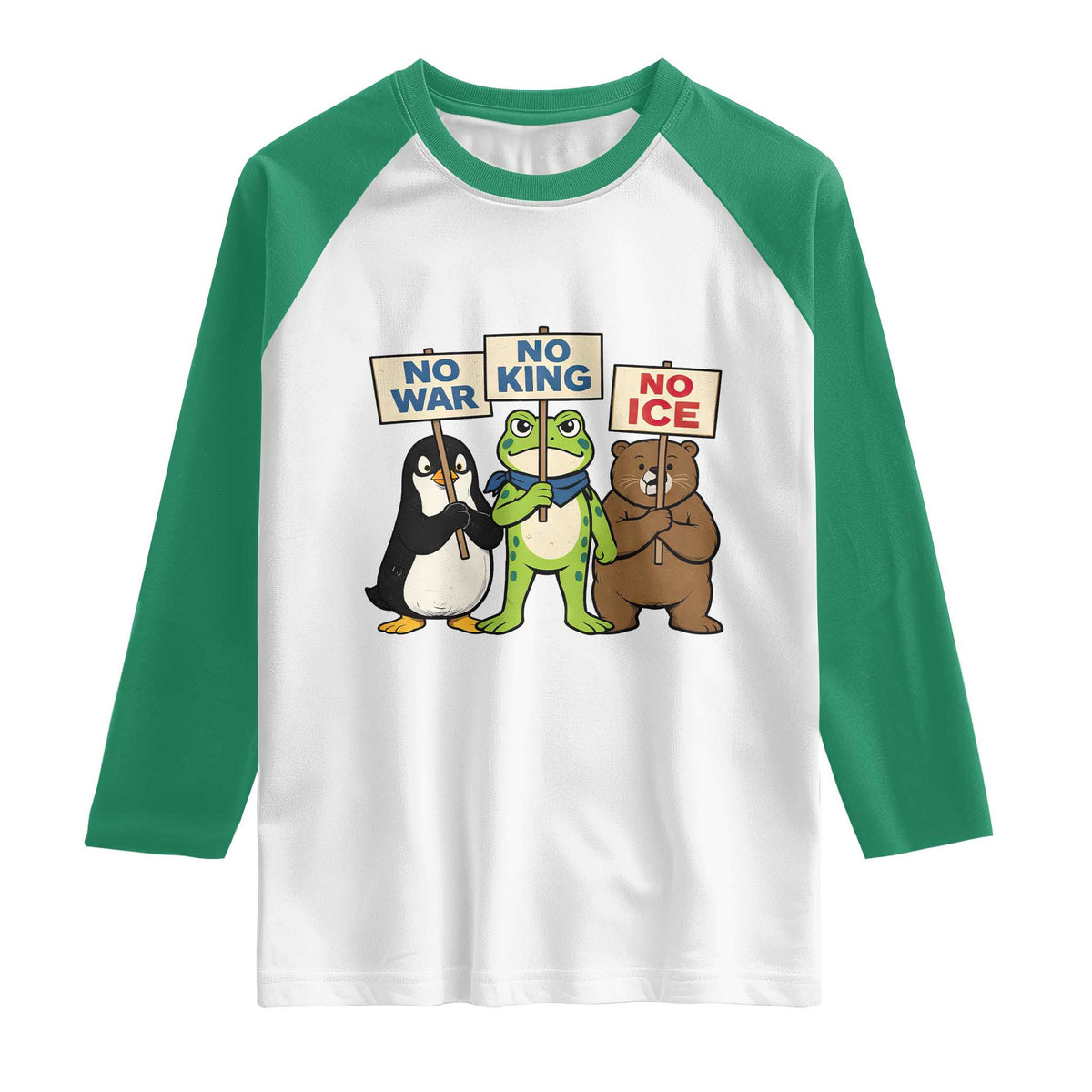 No Wars No Ice No Kings Animal Protest Raglan Shirt Frog Penguin Bear Resist Human Rights Activist