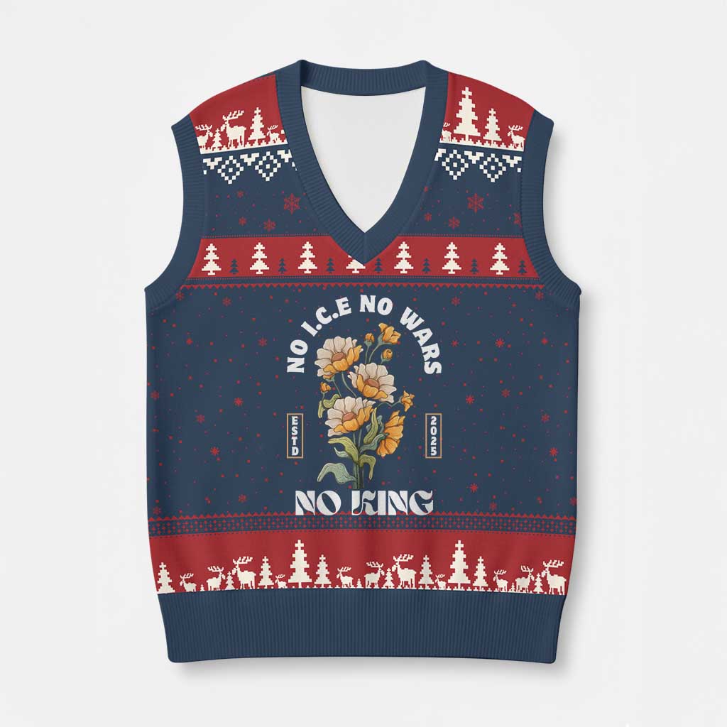 No Wars No ICE No Kings Floral Vintage V-Neck Knit Sweater Vest Retro Flower Peaceful Protest Statement