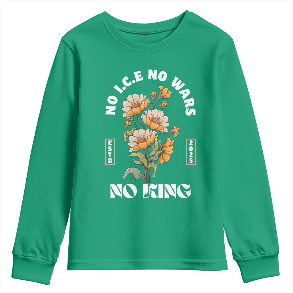 No Wars No ICE No Kings Floral Vintage Youth Sweatshirt Retro Flower Peaceful Protest Statement