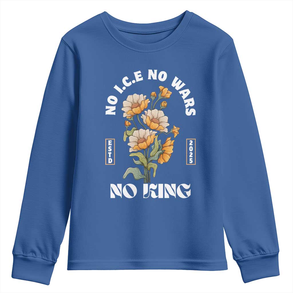 No Wars No ICE No Kings Floral Vintage Youth Sweatshirt Retro Flower Peaceful Protest Statement