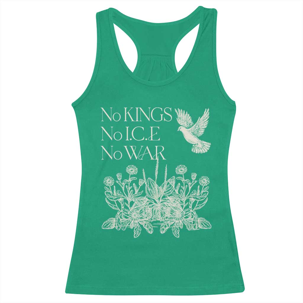 No Wars No Ice No Kings Botanical Dove Racerback Tank Top Peace Symbol Anti War Human Rights Protest