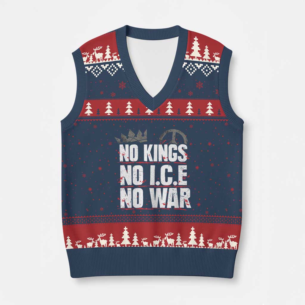 No Kings No Wars No Ice Protest Distressed V-Neck Knit Sweater Vest No Crown Just Peace Anti War Freedom Supporters