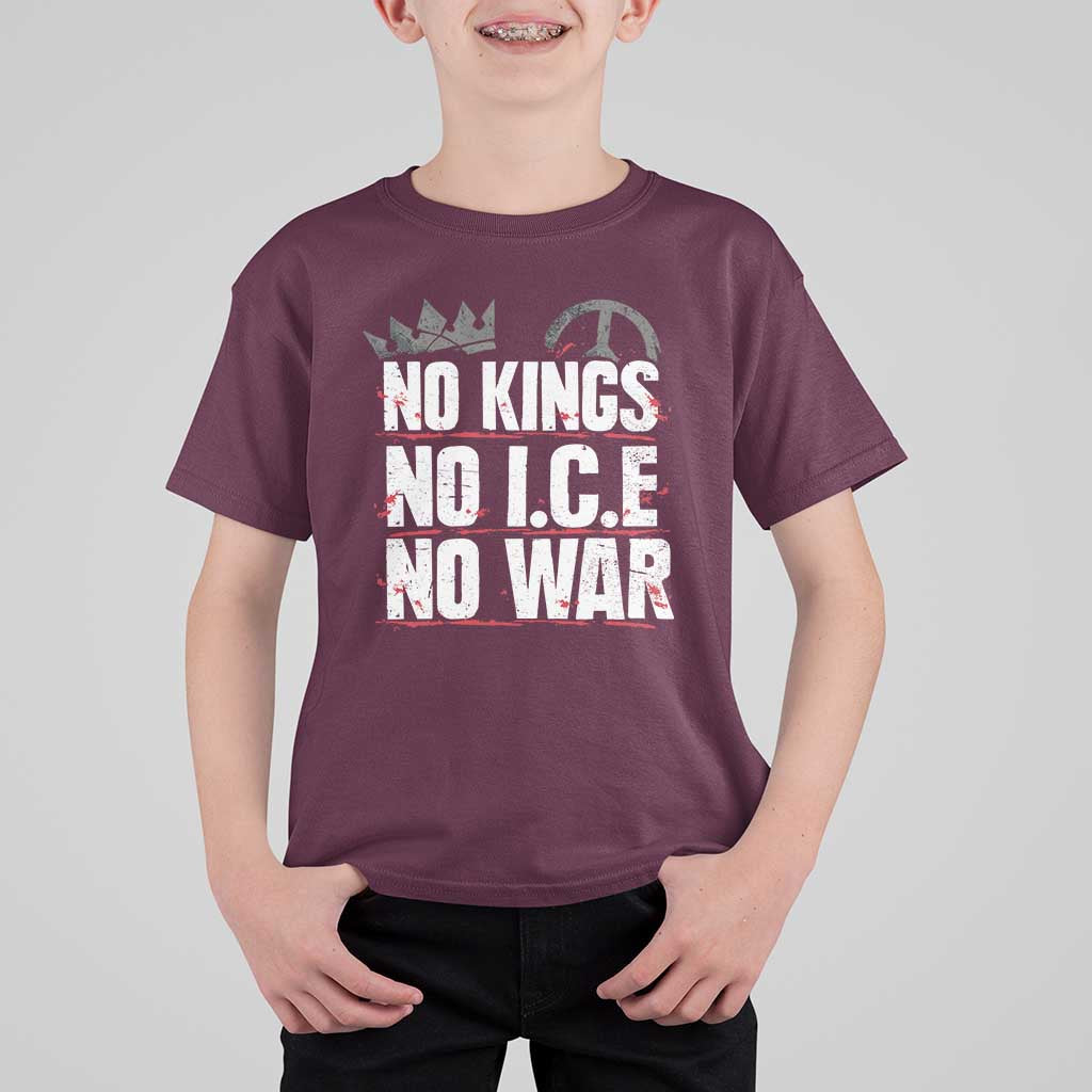 No Kings No Wars No Ice Protest Distressed T Shirt For Kid No Crown Just Peace Anti War Freedom Supporters