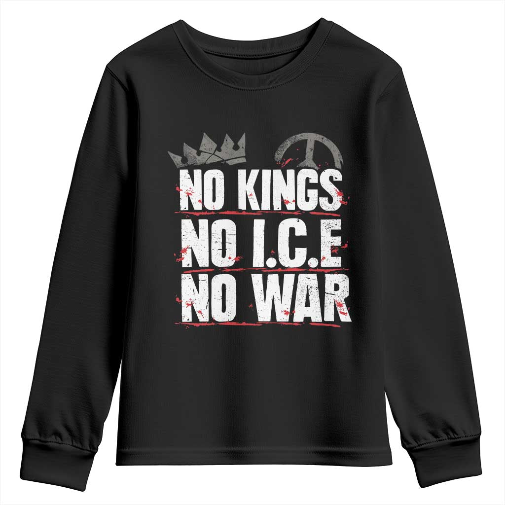 No Kings No Wars No Ice Protest Distressed Youth Sweatshirt No Crown Just Peace Anti War Freedom Supporters
