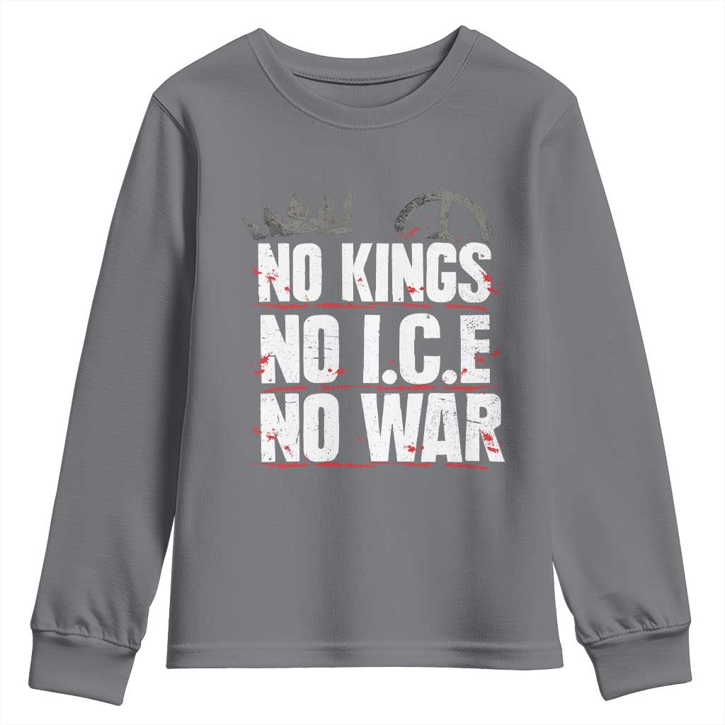 No Kings No Wars No Ice Protest Distressed Youth Sweatshirt No Crown Just Peace Anti War Freedom Supporters