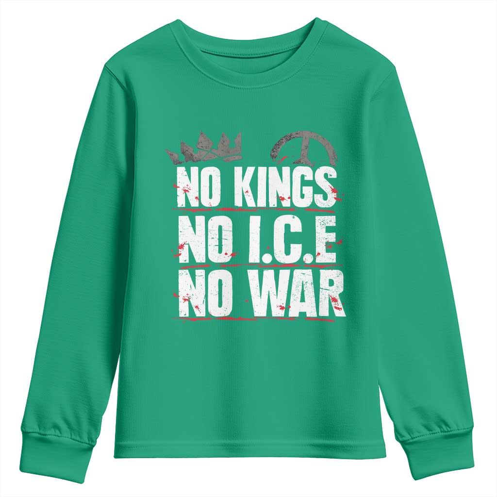 No Kings No Wars No Ice Protest Distressed Youth Sweatshirt No Crown Just Peace Anti War Freedom Supporters