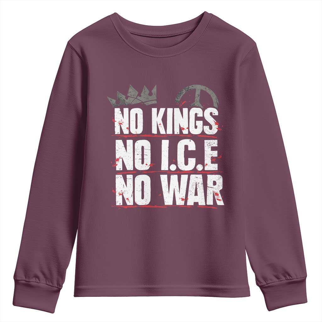 No Kings No Wars No Ice Protest Distressed Youth Sweatshirt No Crown Just Peace Anti War Freedom Supporters