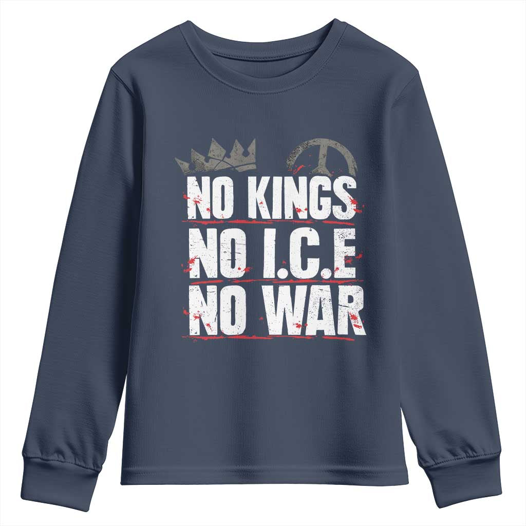 No Kings No Wars No Ice Protest Distressed Youth Sweatshirt No Crown Just Peace Anti War Freedom Supporters