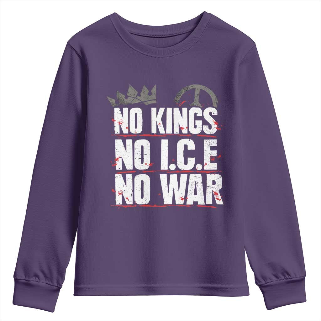 No Kings No Wars No Ice Protest Distressed Youth Sweatshirt No Crown Just Peace Anti War Freedom Supporters