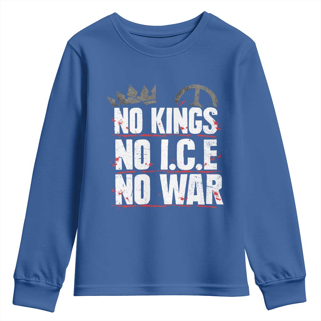 No Kings No Wars No Ice Protest Distressed Youth Sweatshirt No Crown Just Peace Anti War Freedom Supporters