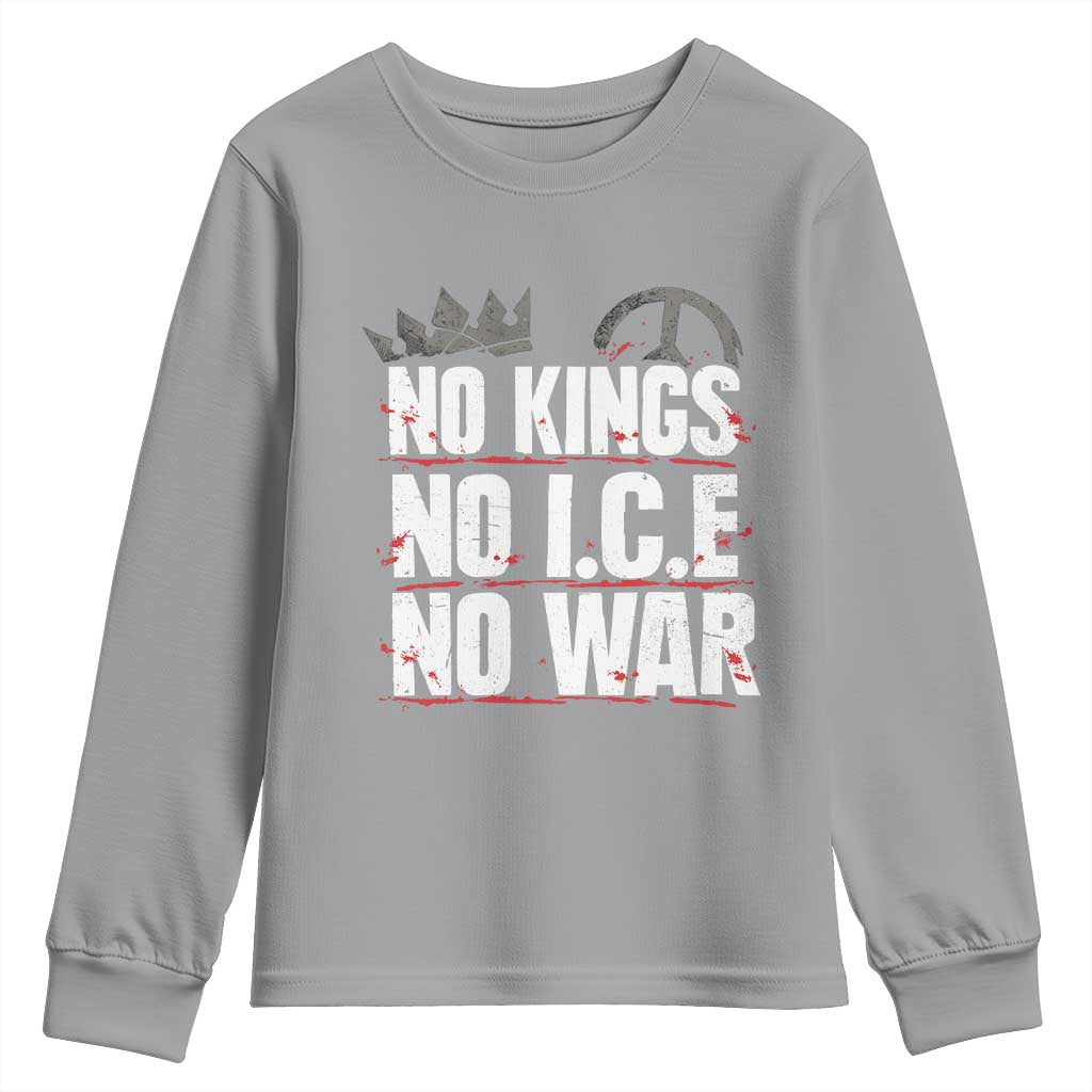 No Kings No Wars No Ice Protest Distressed Youth Sweatshirt No Crown Just Peace Anti War Freedom Supporters