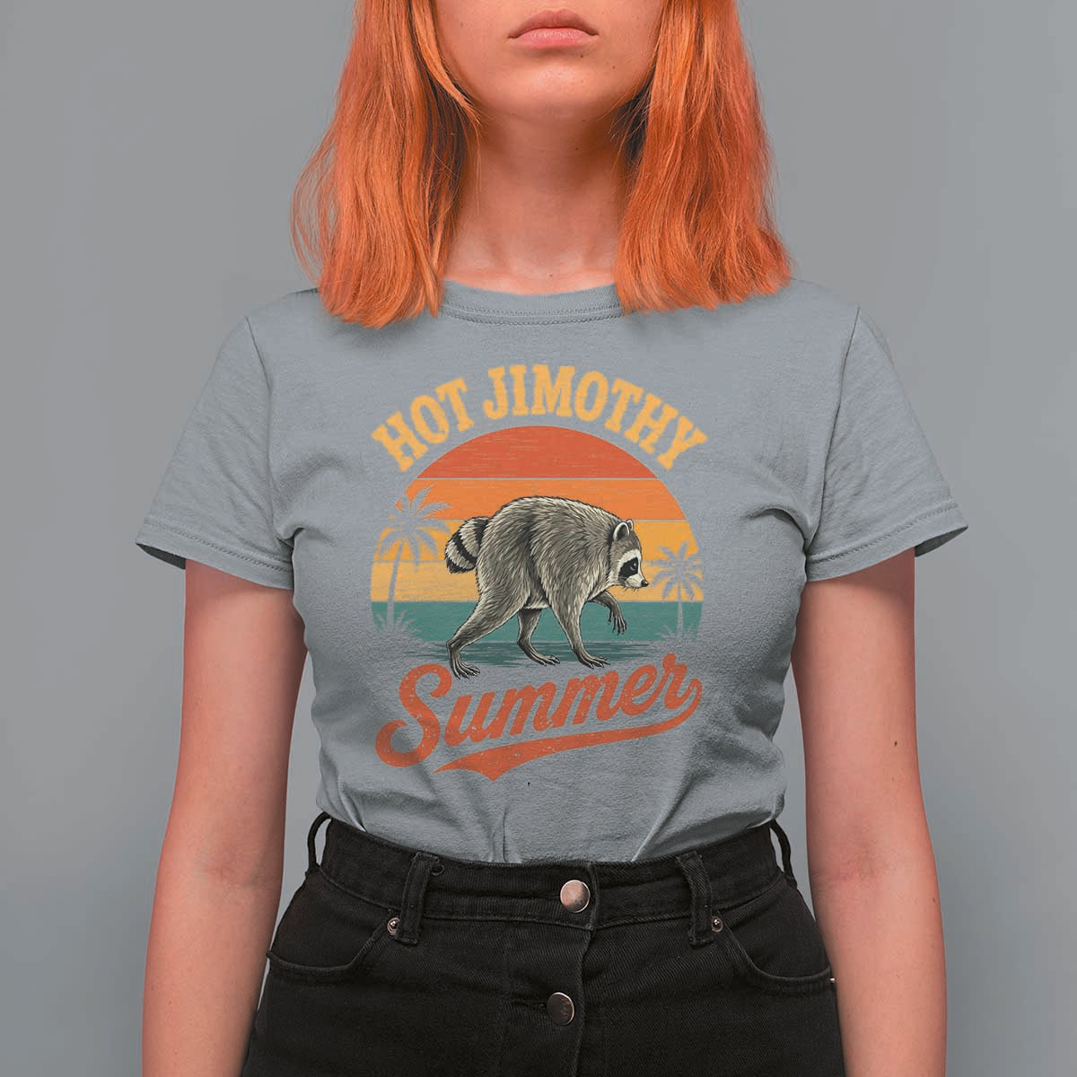 Hot Jimothy Summer Retro Sunset Beach Graphic T Shirt For Women Funny Viral Seattle Raccoon Meme