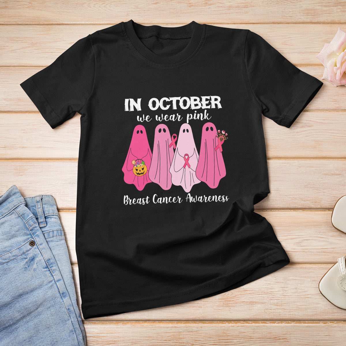 Breast Cancer Boo Sheet T Shirt In October We Wear Pink Ribbon Support Breast Cancer Warrior - Wonder Print Shop