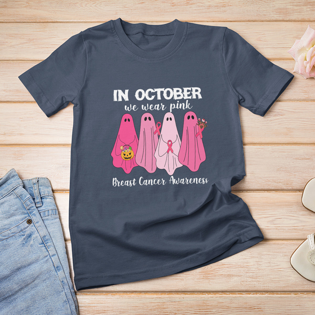 Breast Cancer Boo Sheet T Shirt In October We Wear Pink Ribbon Support Breast Cancer Warrior - Wonder Print Shop