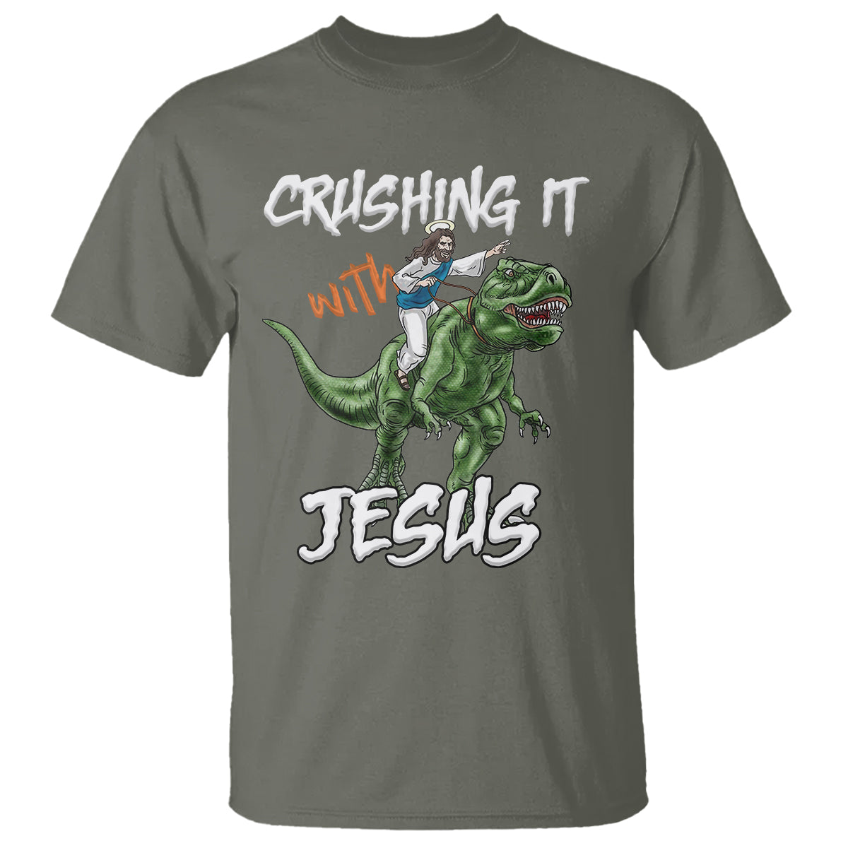 Crushing It With Jesus T Shirt Funny Riding Dinosaur - Wonder Print Shop