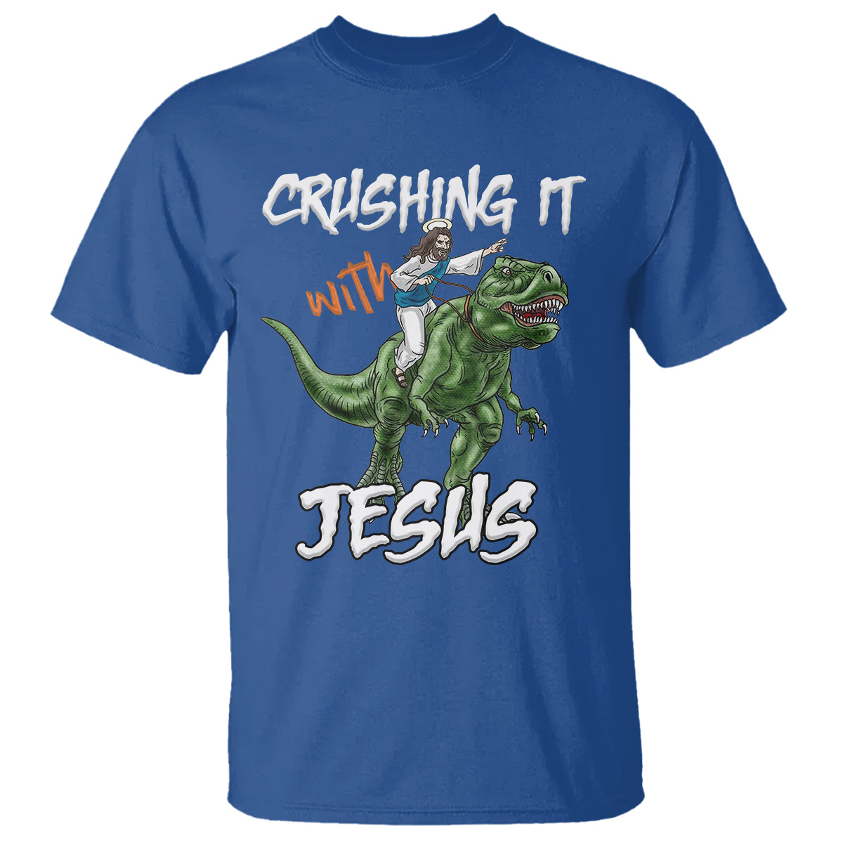 Crushing It With Jesus T Shirt Funny Riding Dinosaur - Wonder Print Shop