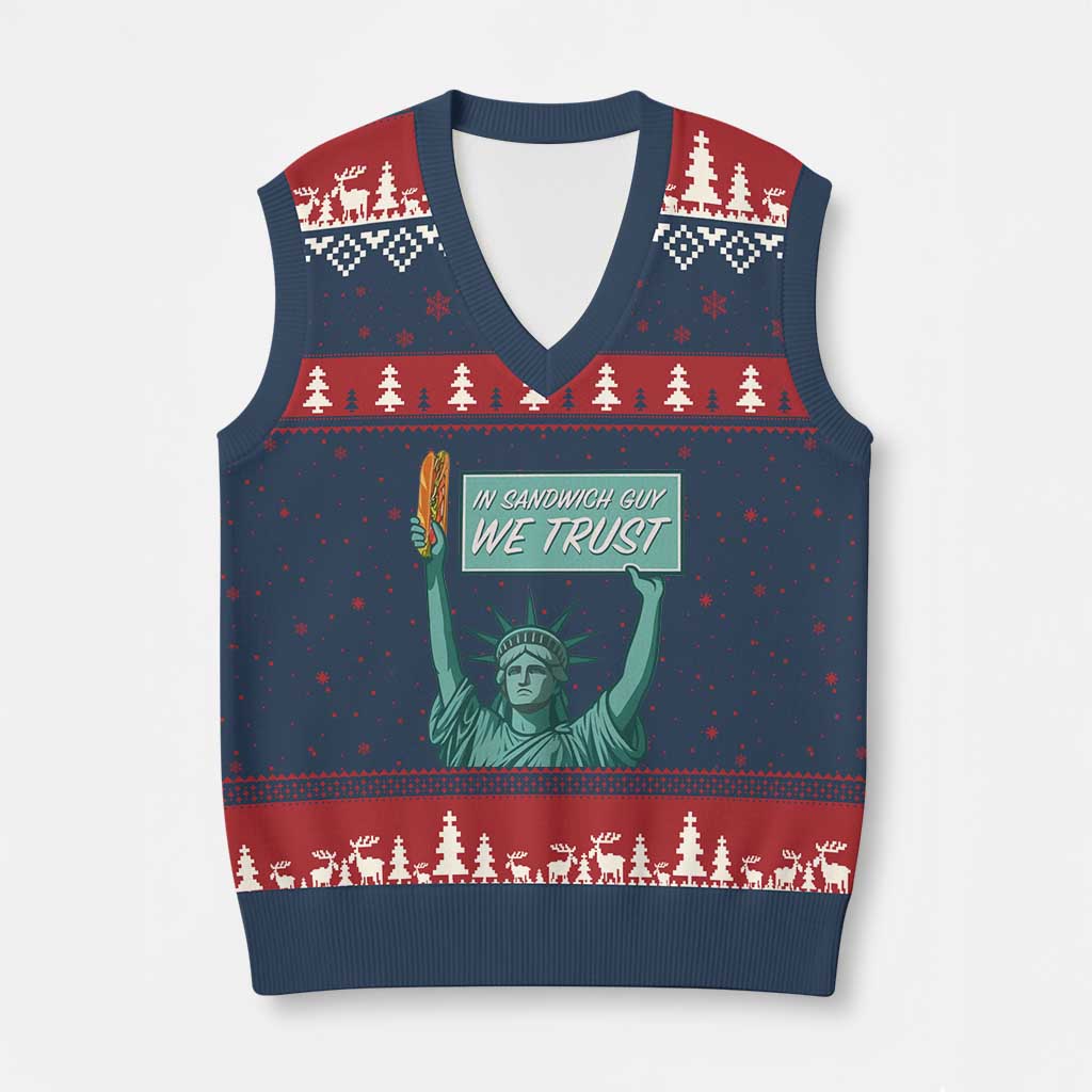In Sandwich Guy We Trust V-Neck Knit Sweater Vest Funny Liberty with Baguette Parody Graphic Political Satire - Wonder Print Shop