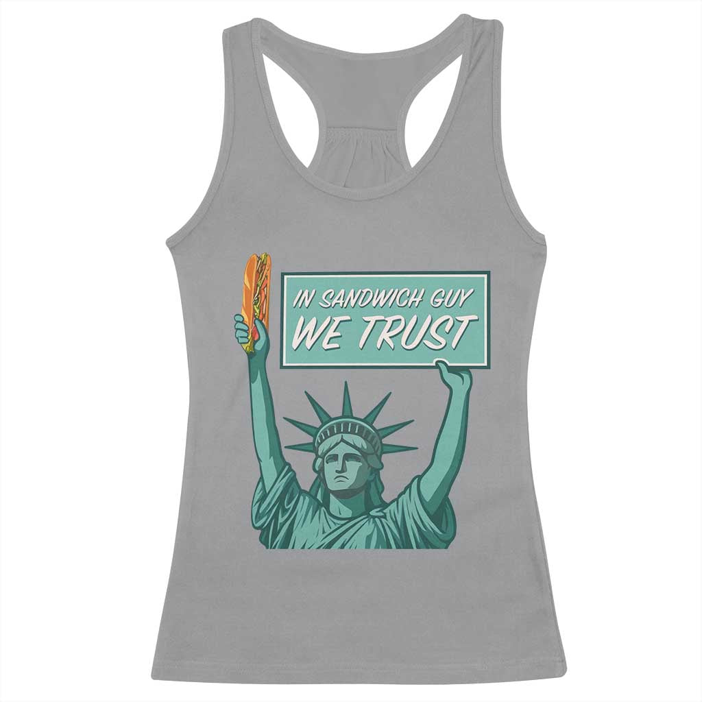 In Sandwich Guy We Trust Racerback Tank Top Funny Liberty with Baguette Parody Graphic Political Satire - Wonder Print Shop