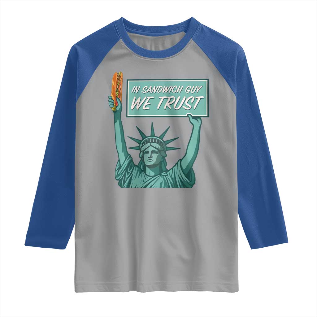 In Sandwich Guy We Trust Raglan Shirt Funny Liberty with Baguette Parody Graphic Political Satire - Wonder Print Shop