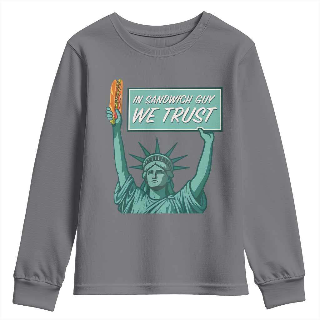 In Sandwich Guy We Trust Youth Sweatshirt Funny Liberty with Baguette Parody Graphic Political Satire - Wonder Print Shop