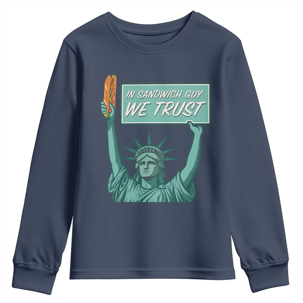 In Sandwich Guy We Trust Youth Sweatshirt Funny Liberty with Baguette Parody Graphic Political Satire - Wonder Print Shop