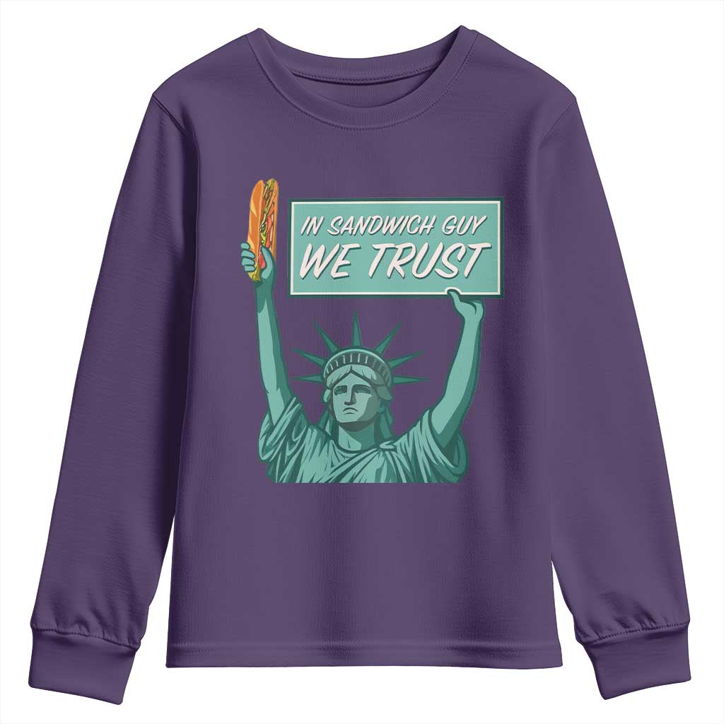 In Sandwich Guy We Trust Youth Sweatshirt Funny Liberty with Baguette Parody Graphic Political Satire - Wonder Print Shop