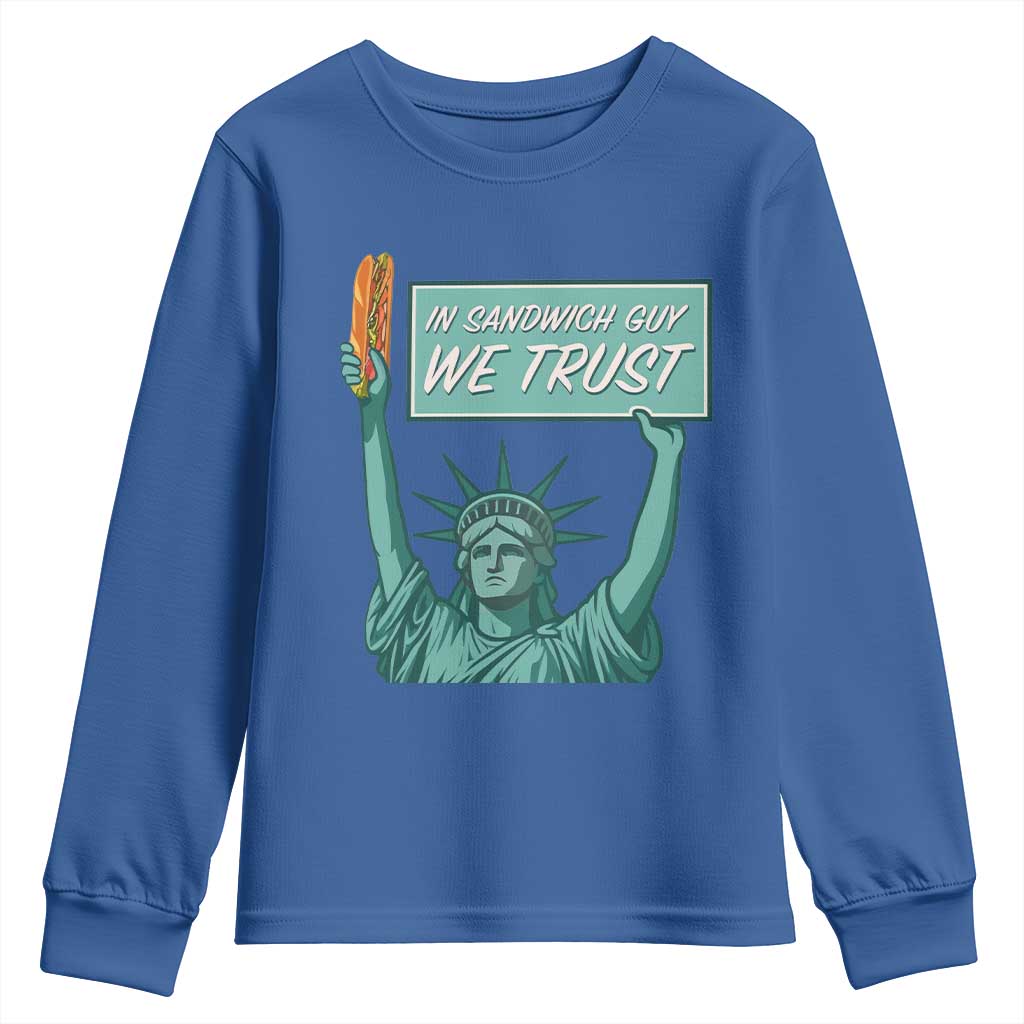In Sandwich Guy We Trust Youth Sweatshirt Funny Liberty with Baguette Parody Graphic Political Satire - Wonder Print Shop