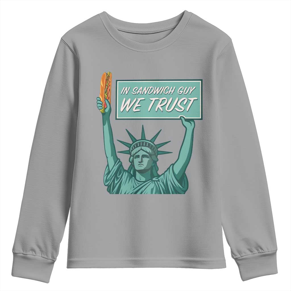 In Sandwich Guy We Trust Youth Sweatshirt Funny Liberty with Baguette Parody Graphic Political Satire - Wonder Print Shop