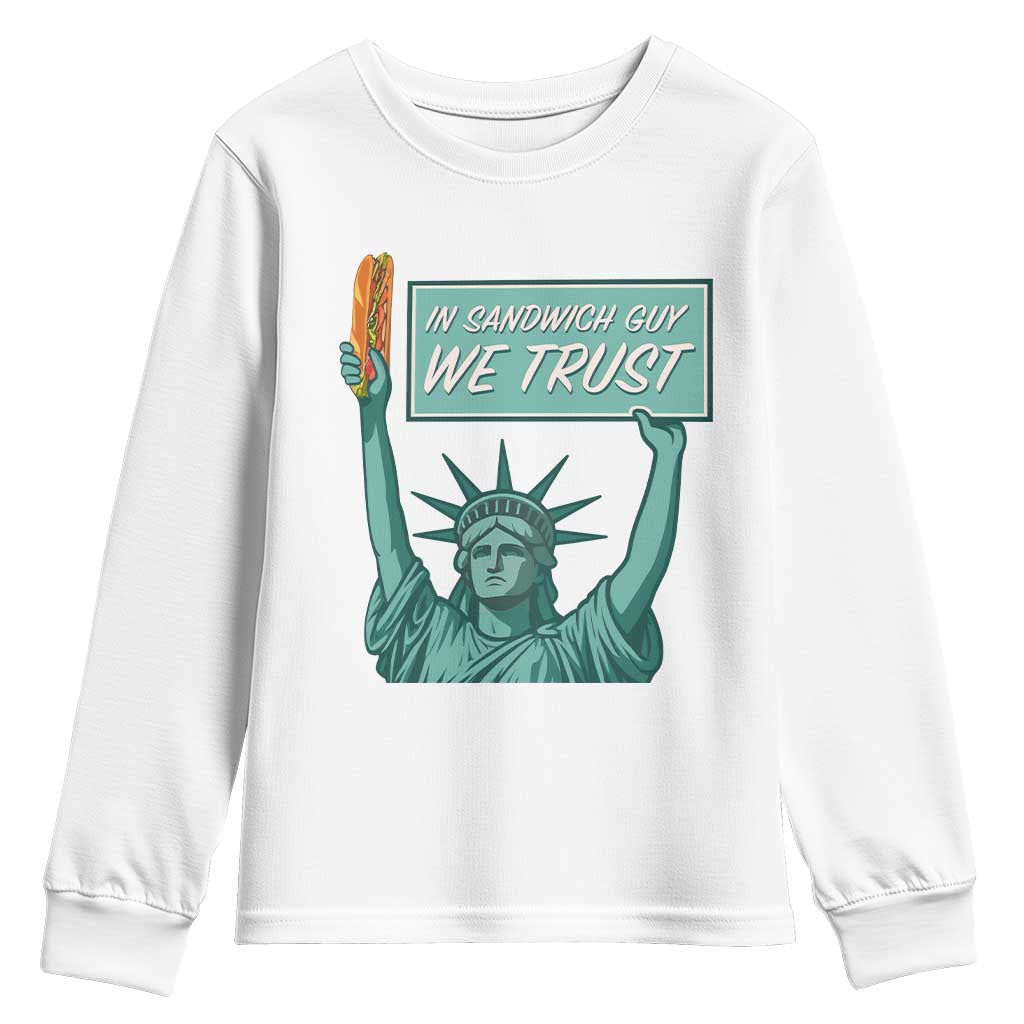 In Sandwich Guy We Trust Youth Sweatshirt Funny Liberty with Baguette Parody Graphic Political Satire - Wonder Print Shop
