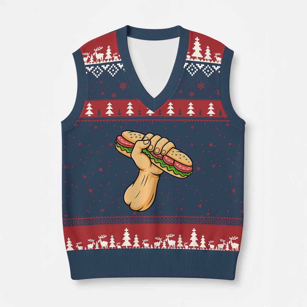 Sandwich Power Fist V-Neck Knit Sweater Vest Sarcastic Food Revolution Political Satire - Wonder Print Shop
