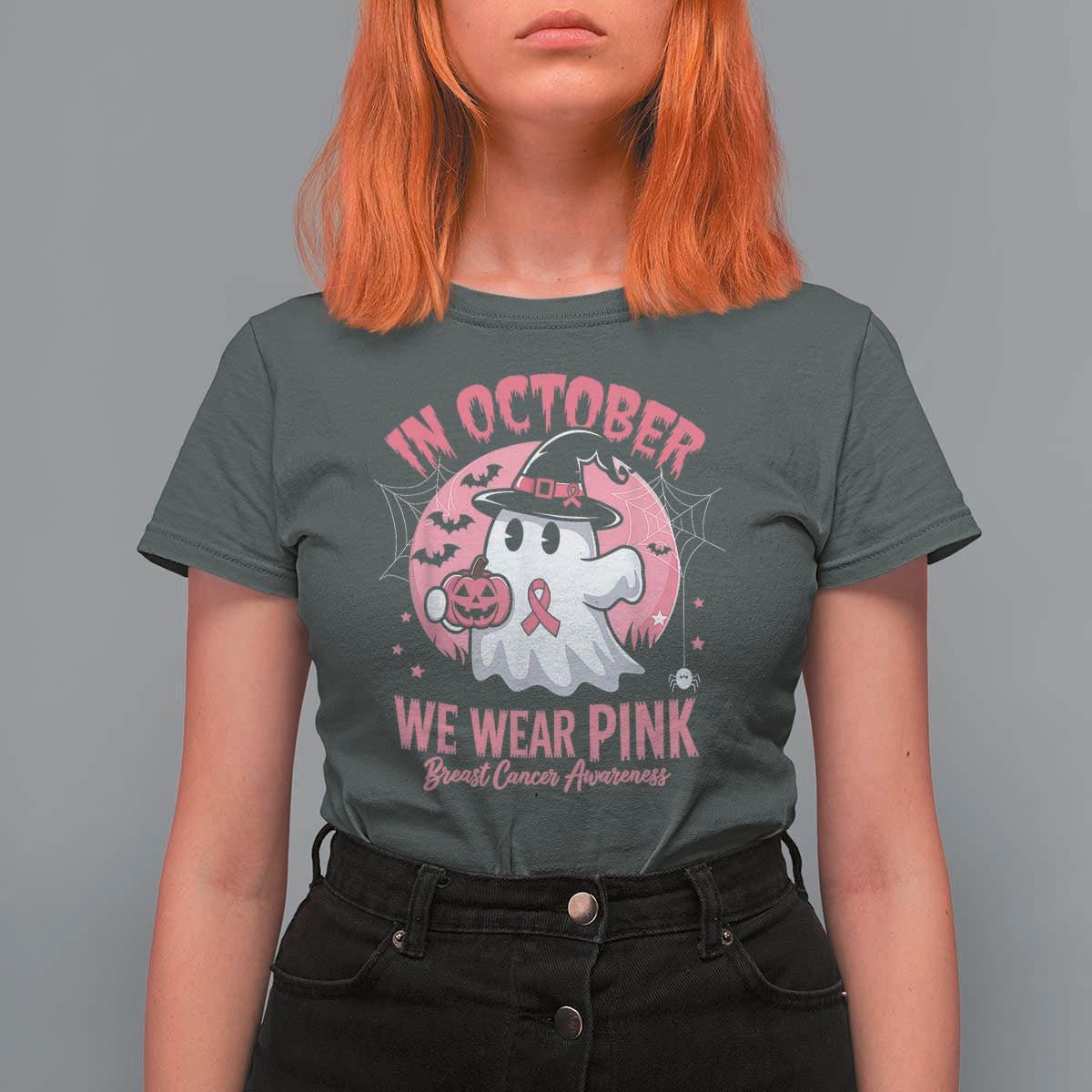 Halloween Breast Cancer Awareness T Shirt For Women In October We Wear Pink Cute Boo Sheet - Wonder Print Shop
